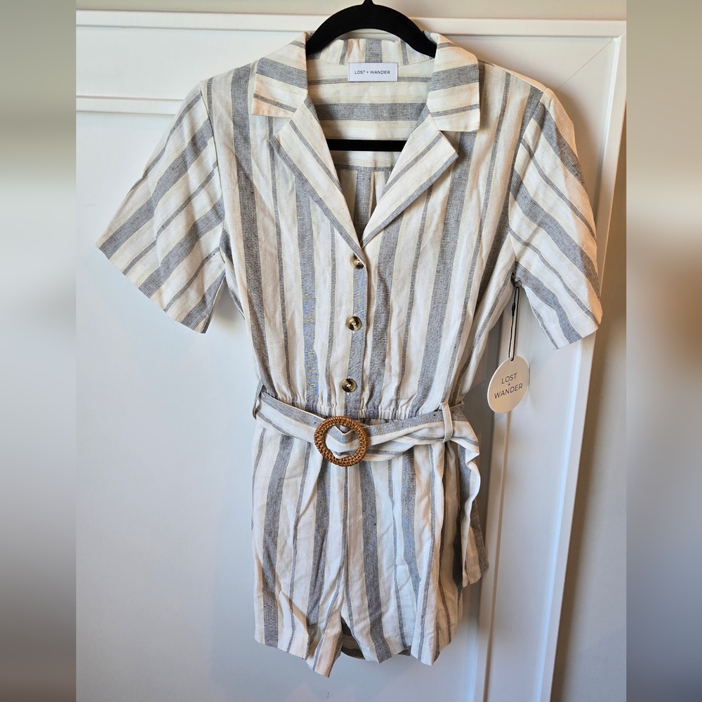 Lost + Wander Striped Jumpsuit in Cream and Gray